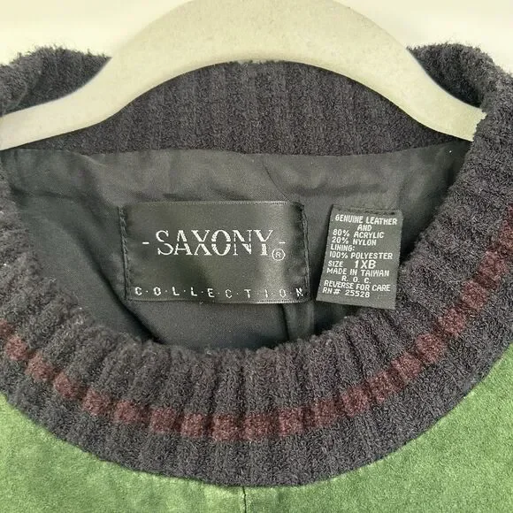 Vtg 90s Saxony Collection Leather Patchwork 3D Sweater Abstract Pattern Sz 1XB